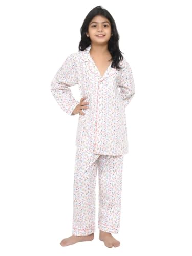 Image of Girls Premium Cotton Full Sleeves Printed Nightsuit Set | Collar Style Night Dress for Girls | Soft & Breathable Pajama Set | Trendy Kids Sleepwear & Nightwear