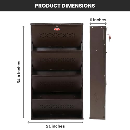 Image of Skywave Luxury Wall Mounted Metal Shoe Rack for Home - 4 Shelf, Holds Up to 25 Pairs | Central Locking Shoe Cabinet | Space Saving | Heavy Duty Steel | 3 Year Warranty(Coffee Brown, 21 Inches)