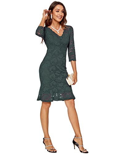 Image of Atnlewhi Womens 3 /4 Sleeve Slim Fit Lace Cocktail Dresses Party Wedding Guest V Neck Formal Evening Bodycon Dress