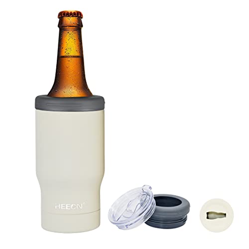 HEECN Vacuum Beer Cooler - Can and Bottle Holder - Cooler Sleeve - Insulated Mugs with Lid and Bottle Opener (White)
