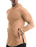 EVERWORTH Men's Gym Workout Long Sleeve Hoodies Training Sports Pullover Casual Hooded Sweatshirts With Zipper Pockets Beige L Tag XXL