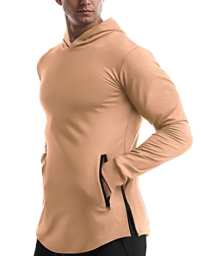 EVERWORTH Men's Gym Workout Long Sleeve Hoodies Training Pullover Casual Hooded Sweatshirt Beige
