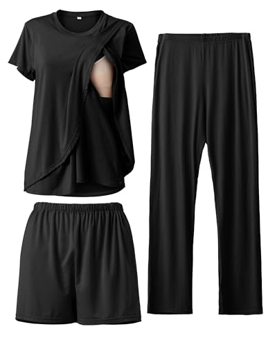 Image of Rnxrbb 3 Piece Postpartum Nursing Pajamas Set Casual Soft Maternity Breastfeeding Pjs Sleepwear Loungewear Clothes Layer