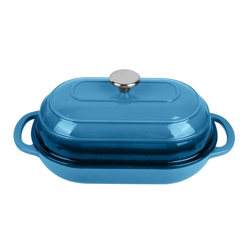 Fijxzct Horno holandés de hierro fundido esmaltado de alta calidad para hornear pan, horno ovalado antiadherente de 2 cuartos con tapa, perfecto para masa madre, pan y hornear artesanal (azul, 12