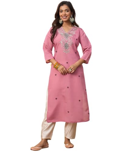 Image of Women's Embroidered Silk Straight Kurta Kurti | Below Knee Kurtas for Women Traditional Indian Wear Outfit Suitable Casual Festive Office Styling