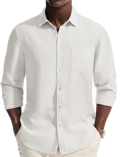 PJ PAUL JONES Men's Casual Button Down Shirts Long Sleeve Linen Beach Wedding Untucked Dress Shirt Summer Vacation Shirt White