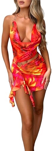 Thopavenoir Women Sexy Cut Out Mini Dress Tie Dye Halter Neck Ruffle Short Dresses Bodycon Plunge Neck Beach Sundress
