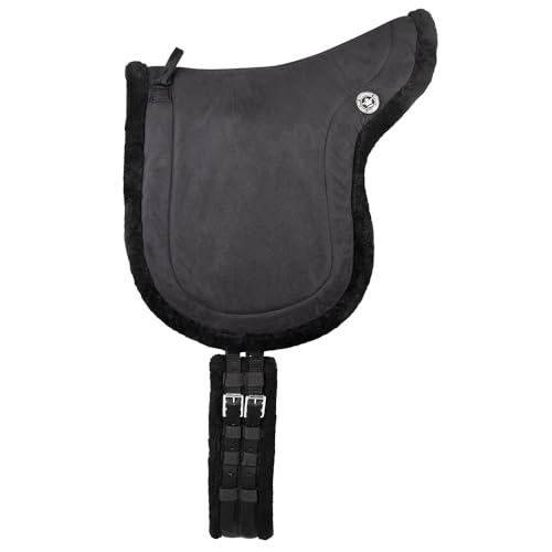 PFIFF 103004 Reitpad, Bareback Pad, baumloses Reitkissen aus Velourleder und Kunstfell, Sattelkissen inkl. Sattelgurt, Schwarz, Full