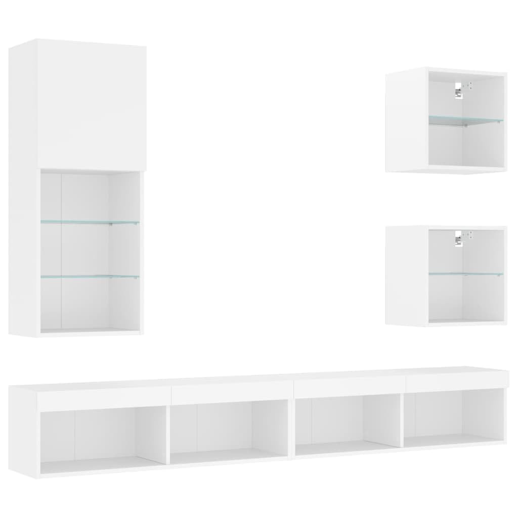 Gecheer Set di 5 armadietti per TV, moderni, mobili per TV, soggiorno, armadio, parete multimediale, TV, pannello basso, armadio, parete per TV, tavolo da soggiorno, in legno bianco, vetro