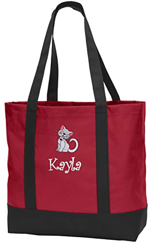Personalized Tote Bag Embroidered Kitty Cat Monogrammed with Name of Your Choice, Red