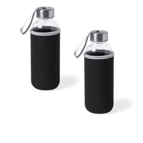 Genérico Juego de 2 Botellas de Agua de Cristal de 420ml con Funda de Neopreno y Tapa de Seguridad, Botellas Reutilizables de Bebidas para Deporte, Oficina y Viajes (Negro)