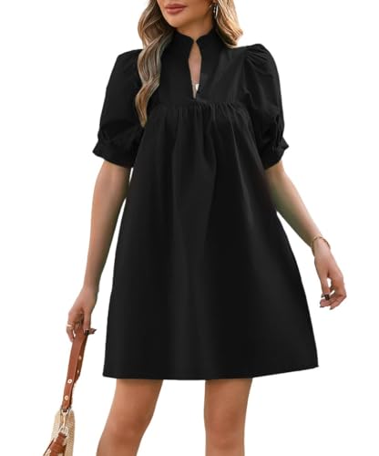 Women's Ruffle Collar High Neck Mini Dress Puff Short Sleeve Cotton Babydoll Peplum Dresses with Pockets