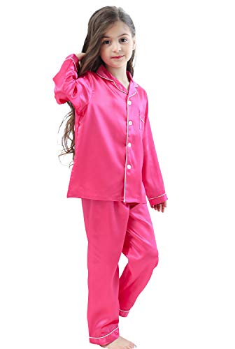 Image of Pajamas Kid Unisex Pjs Set Girls Boys Silk Pajamas Set Satin Long Sleeve 2 Piece Clasic Sleepwear for 2-12 Years Todder