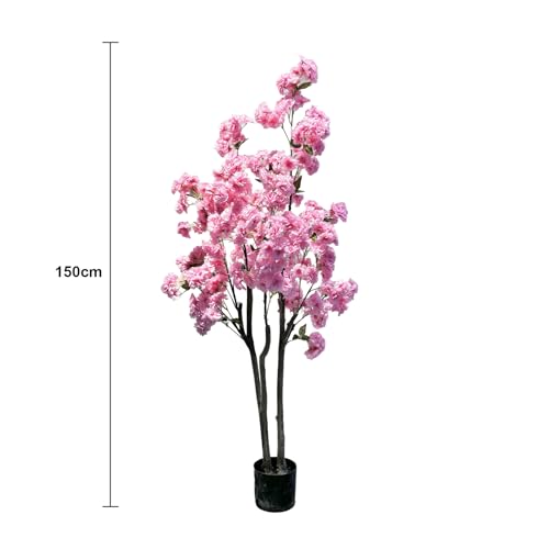 Garveehome Pink Cherry Blossom Tree, 5ft Tall Decorative Artificial Cherry Blossom Tree in Plastic Pot for Indoor Outdoor Home Office Party Wedding Housewarming Gift (Double Pole)
