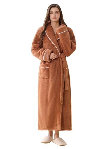 Image of Women Long Plush Fleece Bath Robe | Soft loungewear housecoat, comfy sleepwear for home, suitable as ladies pajamas and nightgown