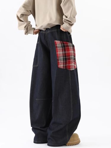 Men's Jeans Spring American Retro Plaid Patchwork Denim Long Pants for Men4