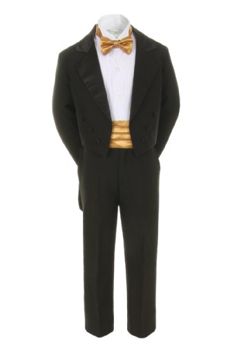 Unotux 7pcs Boy Black Suit Tuxedo with Tail Satin Gold Bow Tie Cummerbund (S-20) (2T)
