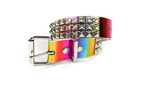 Rainbow Holographic Three Row Black Pyramid Stud Rave Studded Belt Vegan Punk Goth