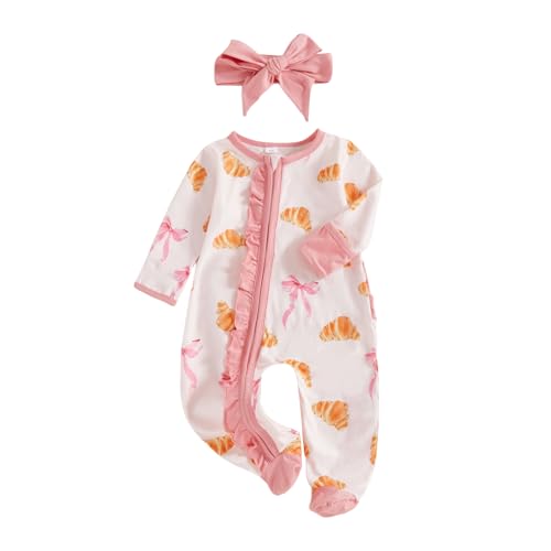 Newborn Baby Girl footed Romper Infant Croissant Bow Print Zip Up Bodysuit Headband Fall Clothes