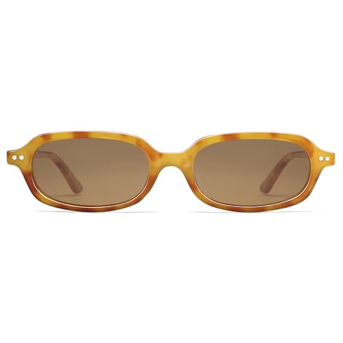 Retro Small Rectangle Sunglasses for Women Men Trendy Narrow Square Sunnies AP3729,Yellow Tortoise/Brown