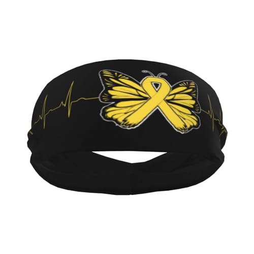 Gold Butterfly Ribbon Heartbeat Childhood Cancer Awareness Adjustable Sports Headband Moisture-Wicking Sweatband for Running & Workout2
