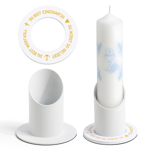 Kerzenständer Kommunionkerze Metall Weiß 4 cm Kerzenhalter mit Gold Acryl Deko für Stabkerzen Taufkerzenständer Taufkerzenhalter Kommunion Deko für Taufkerze Hochzeit Kerze