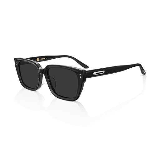 MUJOSH Trendy Narrow Square Sunglasses for Women Men Acetate Polarized Shades with Hollow Metal Decor & Crystal Logo UV400 Eyewear Obsidian Black Brand of EssilorLuxottica