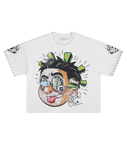 Men's Oversized T-Shirt, Crew Neck Short Sleeve Graphic Printed Tee for Men, Rhinestone Embellished Baggy Cropped T-Shirts