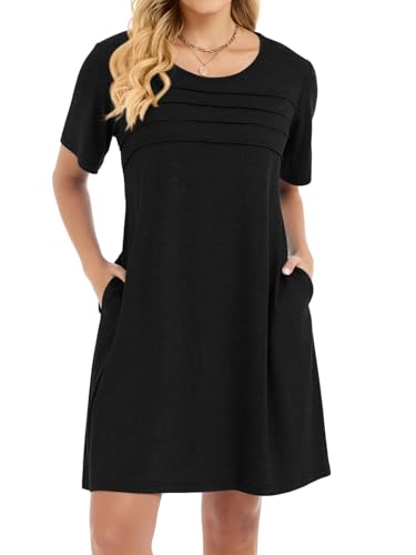 elescat Sundress for Women Casual Loose Summer Short Sleeve Pleated Front Crew Neck T Shirt Dress with Pockets, Black, S