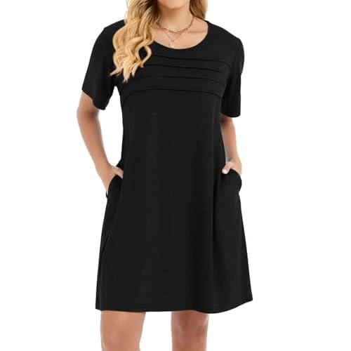 elescat Sundress for Women Casual Loose Summer Short Sleeve Pleated Front Crew Neck T Shirt Dress with Pockets Small Black