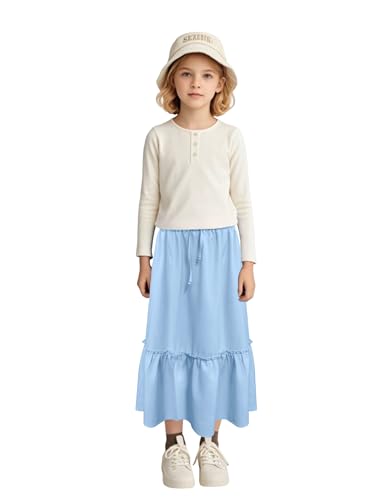 Image of Girls High Waisted Ruffle Maxi Skirt Soft Cotton Long Skirts with Elastic Waistband for Kid Girl 3-12 Years