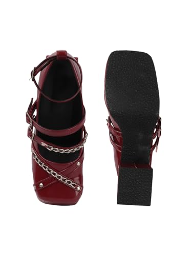 Image of TRYME Women's Ankle Buckle Strap Mary Jane with Chain Chunky Block Heel Sandals