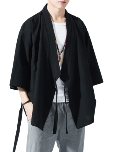 Image of Men's Japanese Kimono Cardigan Loose Cotton Linen 3 /4 Sleeve Open Front Casual Summer Shirt Jackets