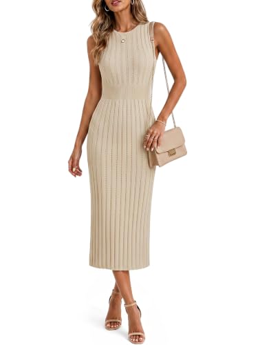 Image of Danedvi Womens 2026 Casual Ribbed Knit Midi Dress Sleeveless Bodycon Baby Shower Vacation Sweater Dresses