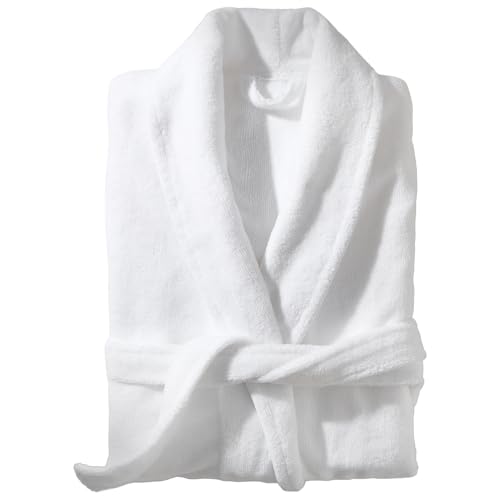 VOUCLER – Albornoz Mujer y Hombre Ducha Blanco Embrace Velvety – Algodón de Lujo 290gr | Rizo Absorvente | Aterciopelada y Estilo Spa En Casa OEKO-TEX® (FR/ES, Letras, S-M, Regular, Regular, Blanco)