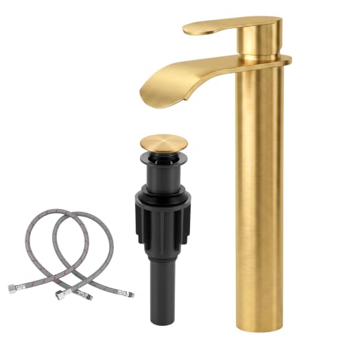 Vessel Sink Faucet Gold for BathroomWOWOW Single Handle Tall Bathroom Faucet - Waterfall Single Hole Mixer Bar Tap with Large Rectangular Spout Deck Mount Lavatory Vanity with Pop Up Drain