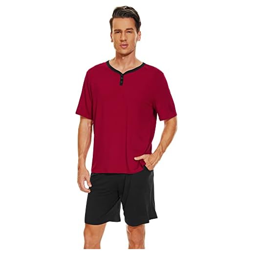 WiWi Conjuntos de pijama de bambu masculino gola V PJ conjunto de manga curta e shorts com bolsos roupa de dormir leve P-3X, Vinho vermelho/preto, XXG