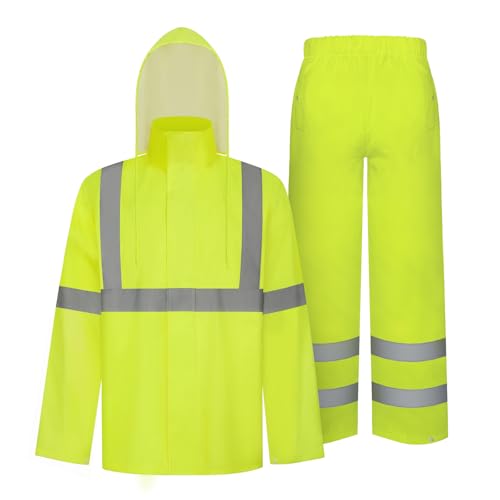 Image of TCCFCCT Rain Suits for Men Waterproof Class 3 Reflective Rain Jacket and Pants, Lightweight Rain Coat for Men with Hood, High Visibility Rain Gear for Safety Work, Durable, 2XL-3XL Yellow WP