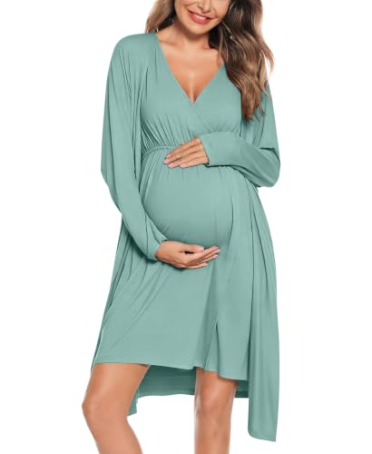 Image of SWOMOG Women Maternity Nursing Gown and Robe Set 3 in 1 Labor Delivery Nursing Nightgown for Breastfeeding Hospital Bathrobe