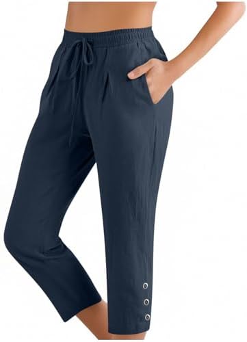 Summer Cotton Linen Capri Pants for Women High Waist Drawstring Straight Leg Capris Casual Beach Cropped Lounge Pant Navy — view 4