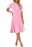 MEROKEETY Women's V Neck Ribbed Knit Midi Dress Short Sleeve Button Elegant Bodycon Sweater Dresses, Pink, Medium