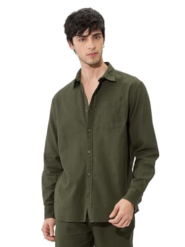 Image of The Souled Store Bold Black Men and Boys Long Sleeve Collared Neck Buttoned Front Regular Fit Cotton Linen Shirts