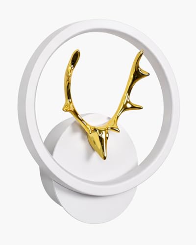 Image of Homesake LED Wall Lamp for Living Room Bedroom, Modern Golden Deer Decorative Wall Light, Warm White Indoor Designer Home Decor Light, Stag Face, Circular Frame, (White, Round)