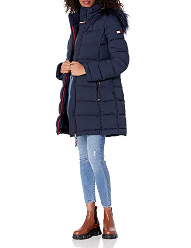 Tommy Hilfiger Women's Midlength Stretch Puffer with Faux Fur Trimmed Hood, Navy, Extra Large
