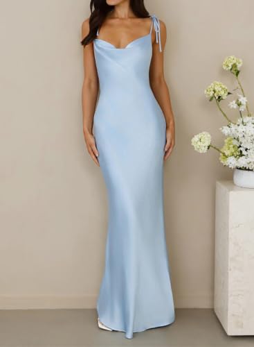 Image of 2026 Satin Cowl Neck Spaghetti Strap Maxi Dress for Women Bridesmaid | Silk,Tie Strap,Slip,Slit,Midi,Wedding Guest,Graduation,Elegant,Cocktail,Vacation,Party