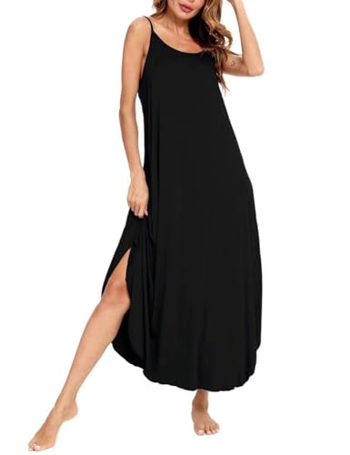 SWOMOG Women Long Nightgown Pajama Dress Soft Strap Nightdress Summer Sleeveless Nightshirt Lounge Dress with Pockets2