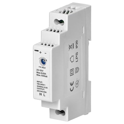 Miratic Fuente Alimentacion 24v Fuente de Alimentación Regulada Transformator 220va24v con Carril DIN para Instalaciones Eléctricas y Automatización Industrial (0,63A, 15W 1 módulo)