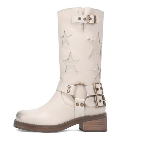 Image of Goolita Women's Buckle Biker Knee High Boots Square Toe Chunky Heel Star Moto Mid Calf Boots Slip On Motorcycle Riding Boot