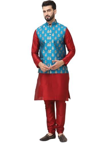 Image of SOJANYA (Since 1958 Men's Silk Blend Kurta Pyjama With Self Design Nehru Jacket