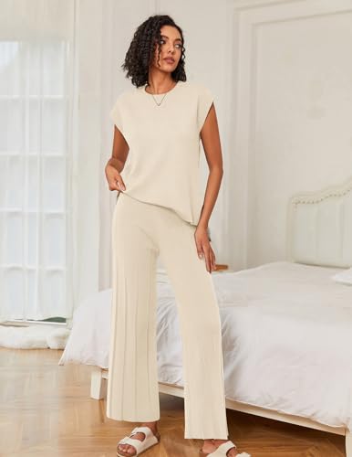Image of Ekouaer Lounge Sets for Women Two Piece Outfits Knit Cap Sleeve Tops Wide Leg Pleated Pants Casual Dressy Sweater Sets